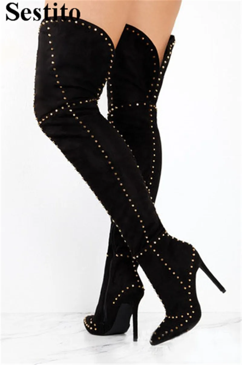 

Fashion Black Flock Rivet Long Woman Pointed Toe High Boots Super High Heel Over-the-Knee Boots Women Thin Heels Zip Women Shoes
