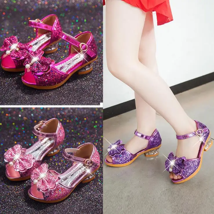 

children's girl Summer sandals Casual shoes girl bling sandals square heel 26-36 purple pink rose sliever