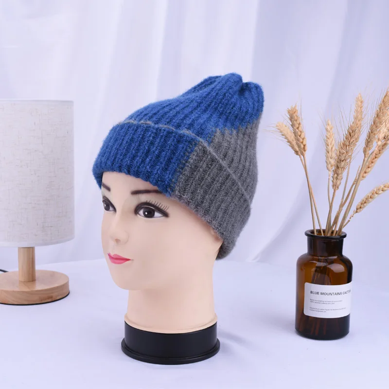 A Двухцветная зимняя шапка для женщин и мужчин Skullies Beanies женская теплая шапка эластичные трикотажные лыжные шапочки толстые шляпы для девочек и мальчиков - Цвет: A