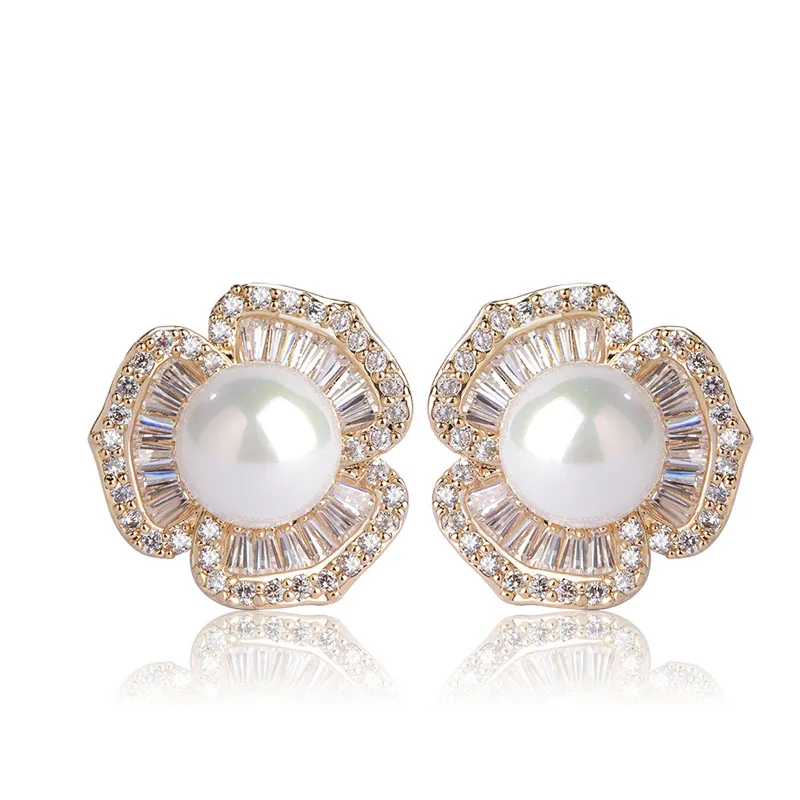 

Cute Pearl Earrings Studs Korean Flower Rhinestone CZ Zircon Copper Earring Women Orecchini Donna Oorbellen Perlas Ouro Bijoux