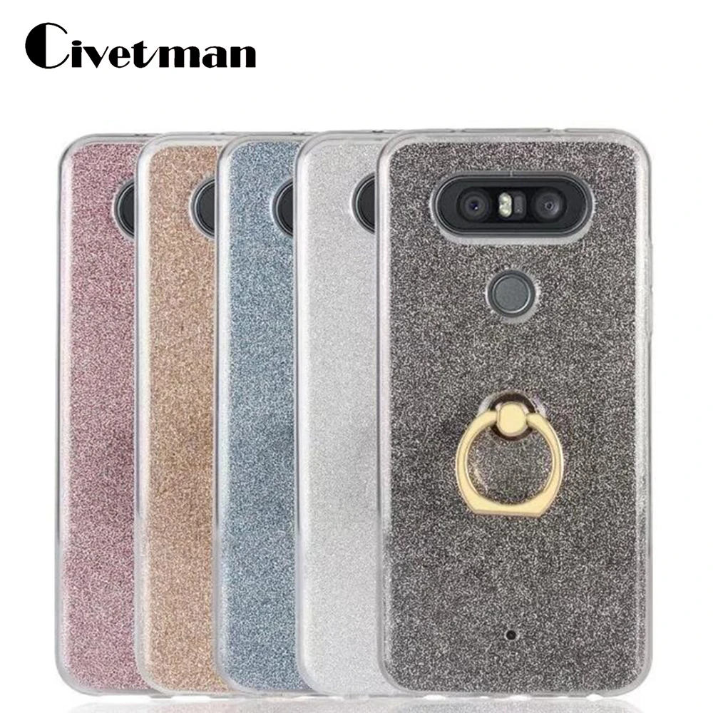 Cover Mobile Phone Case For LG Q8 Q 8 5.2&quot TPU Silicone Gel Transparent Protection Shell Flash Glitter Powder Finger Ring Stent |