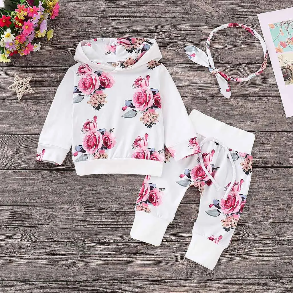 

2017 Brand New Infant Toddler Newborn Baby Girls Floral Outfit Clothes Tracksuit Hooded Tops+Leggings Pants Headband 3Pcs Set