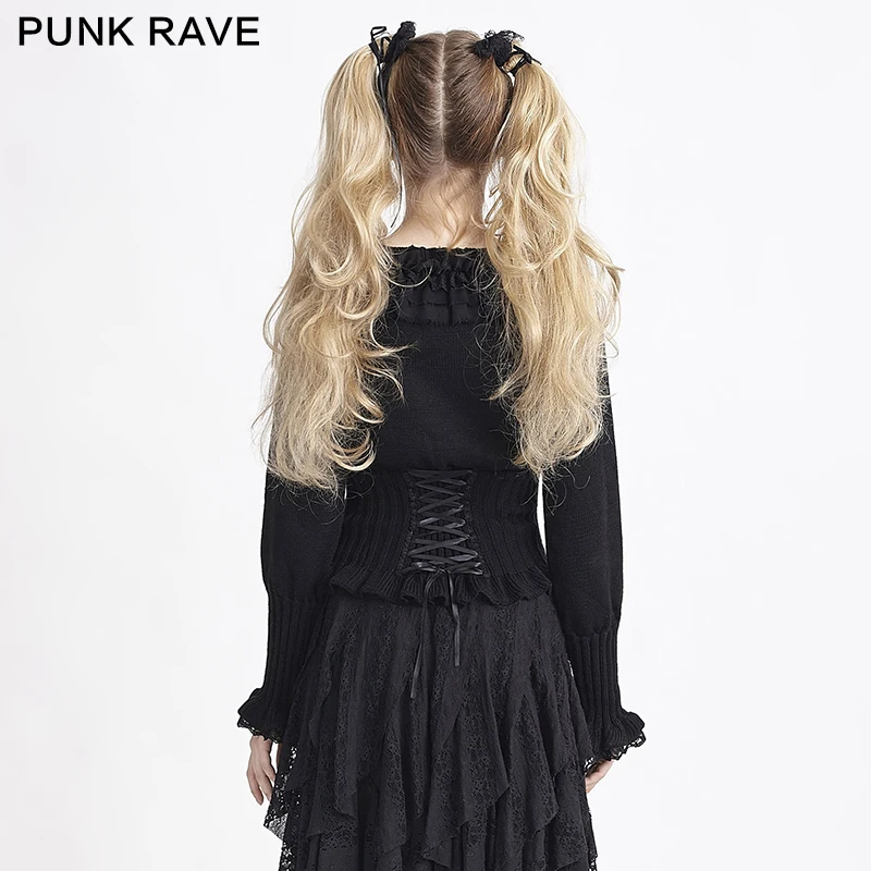 Панк рейв Лолита Черный Полный рукавом кружева с цветочным мотивом и круглым вырезом пуловер LM-001