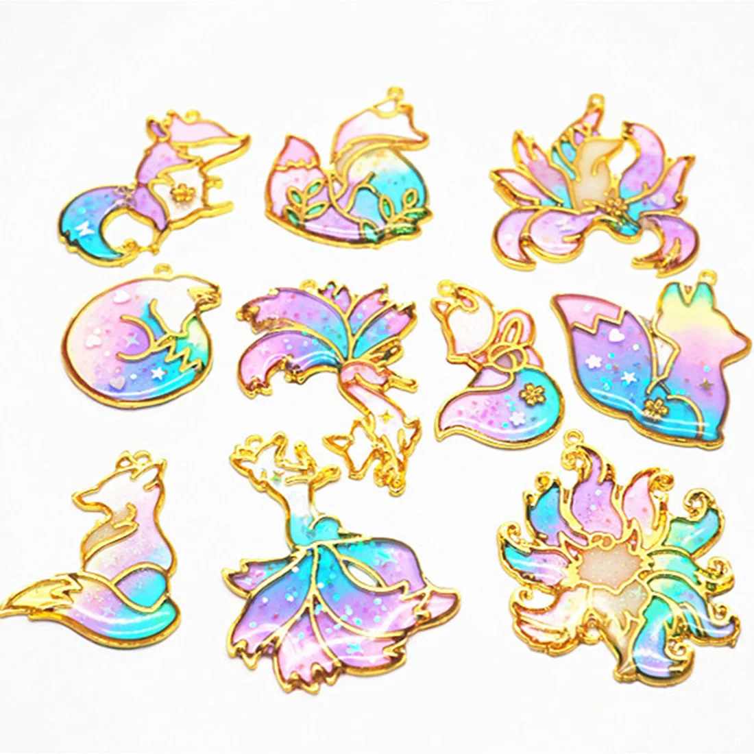 

10pcs/lot little foxes Metal Frame Pendant Gold Charm Bezel Setting Cabochon Setting UV Resin Charm Jewelry Making Findings