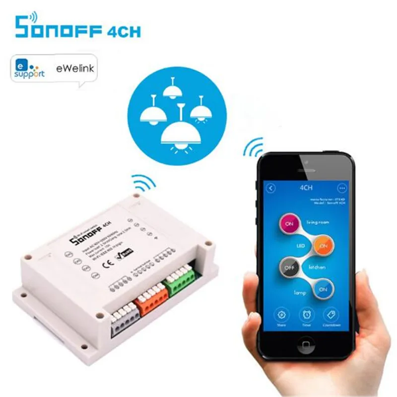 Sonoff 4CH R2 smart коммутатор 4 gang din рейку WI FI Смарт на/off Беспроводной DIY таймер 220 В Умный