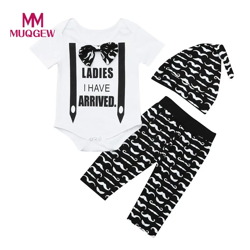 MUQGEW 2018 Newborn Infant Baby Boy Clothes Letter Romper Tops+Beard Pants Hat Outfits Set