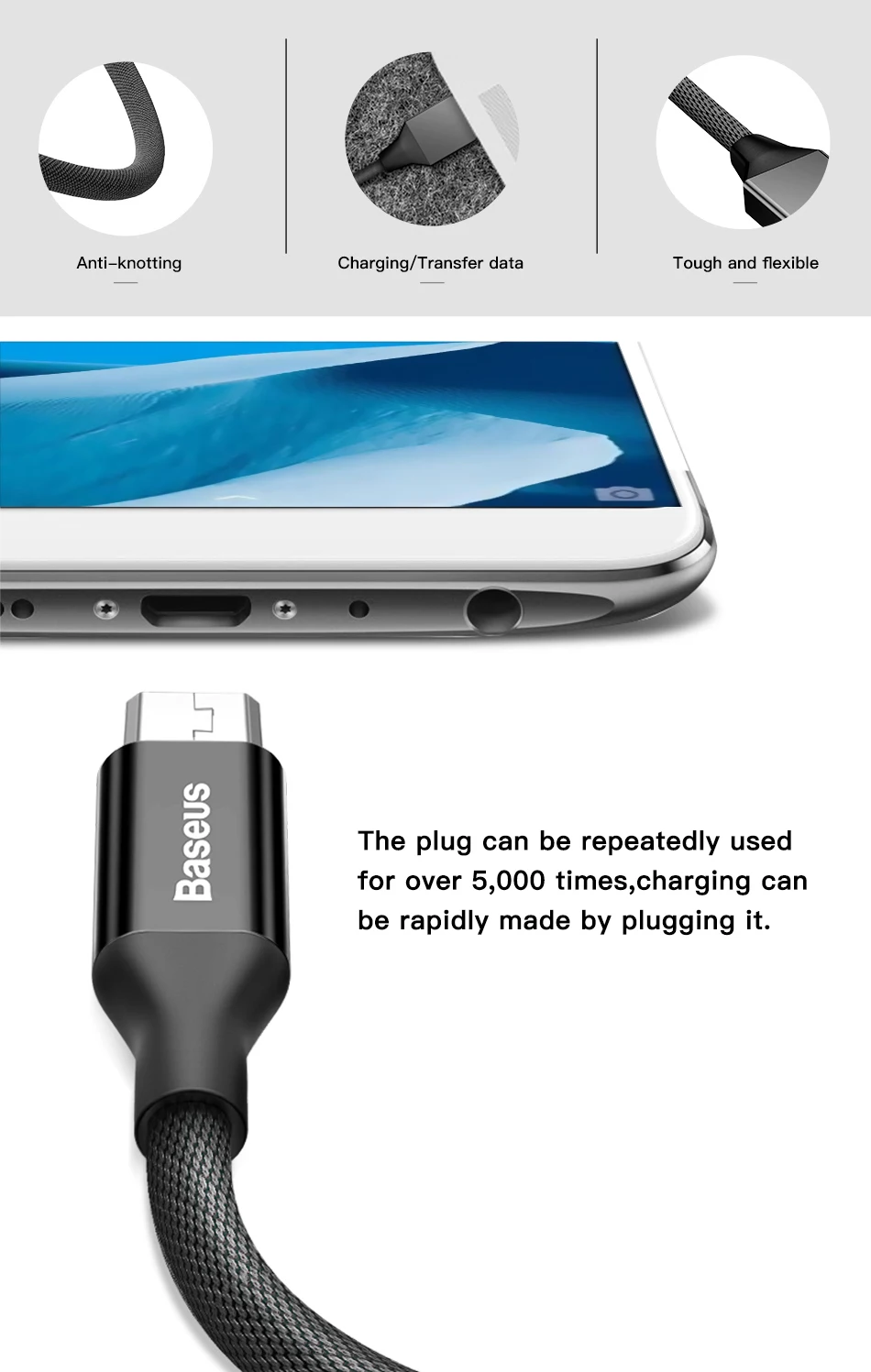 Baseus Micro USB кабель для samsung S7 S6 Синхронизация данных Быстрая зарядка USB кабель для Xiaomi Redmi 4X Note 4 htc Micro USB зарядный кабель