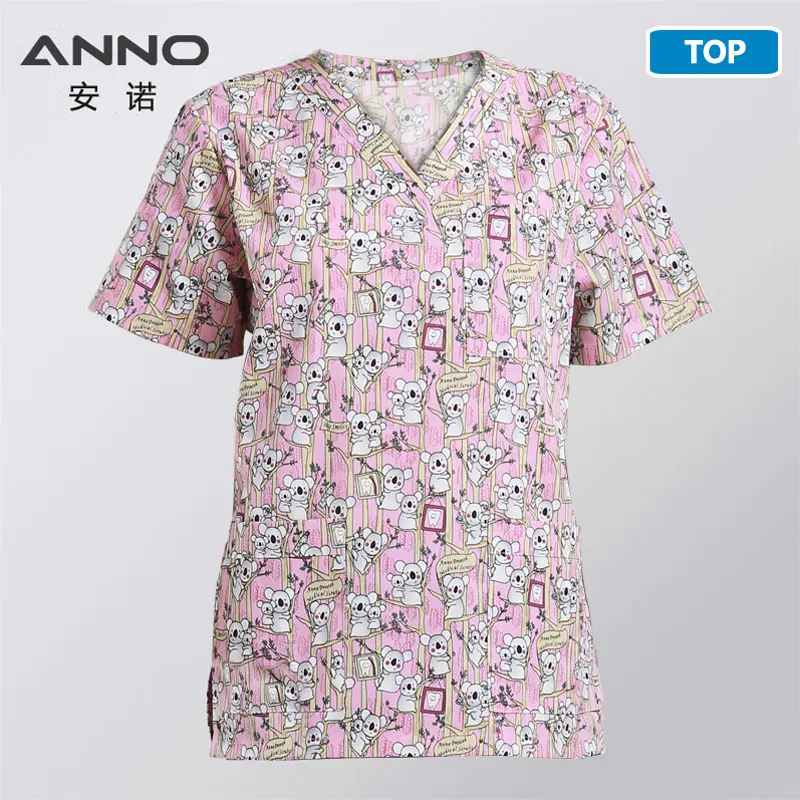 ANNO медицинские скрабы для женщин и мужчин одежда с короткими рукавами униформа медсестры топ брюки мультфильм стоматологическая клиника Костюм Униформа хирургическое платье - Цвет: BeiBeiXiong-Top