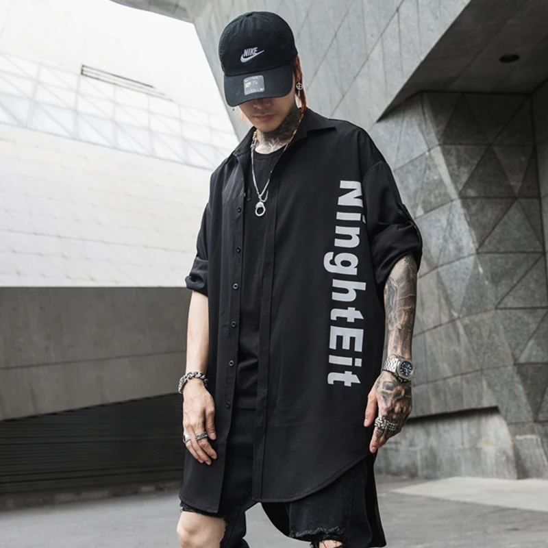 

New Darkly Stylish Printed Letters Men's Long-Sleeve Shirts Hip Hop Autumn Male Thin Stage Youth Punk Shirt Streetwear Wrap