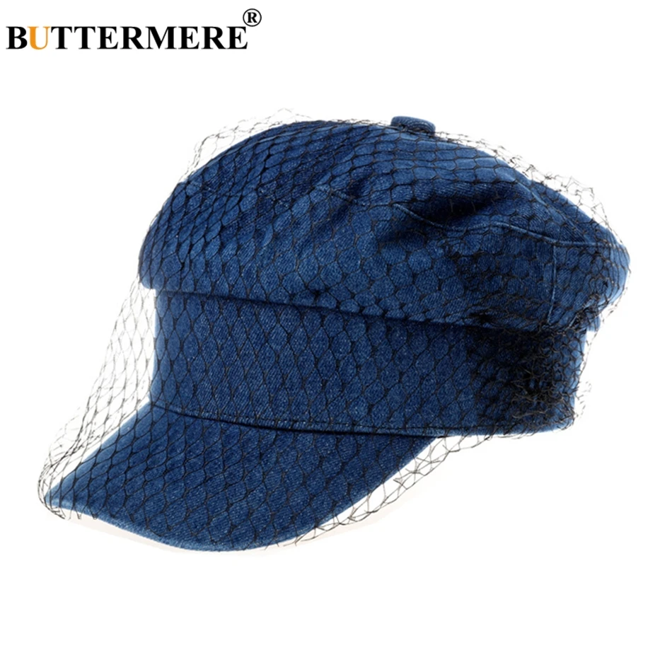 

BUTTERMERE Autumn Winter Military Hat Women Navy Blue Denim Baker Boy Caps With Veil Elegant Solid Fiddler Hat Ladies Sailor Cap