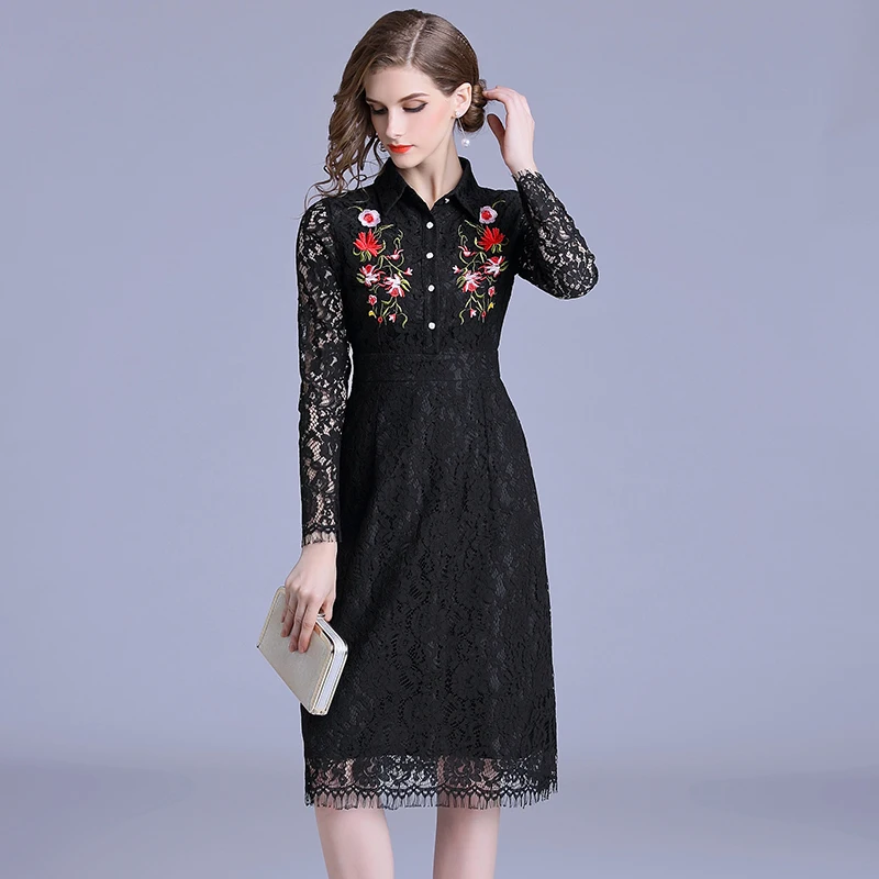 OL стильное черное кружевное платье с цветочной вышивкой Moda Mujer осенние вечерние женские платья миди с длинным рукавом Kleider Damen K3278