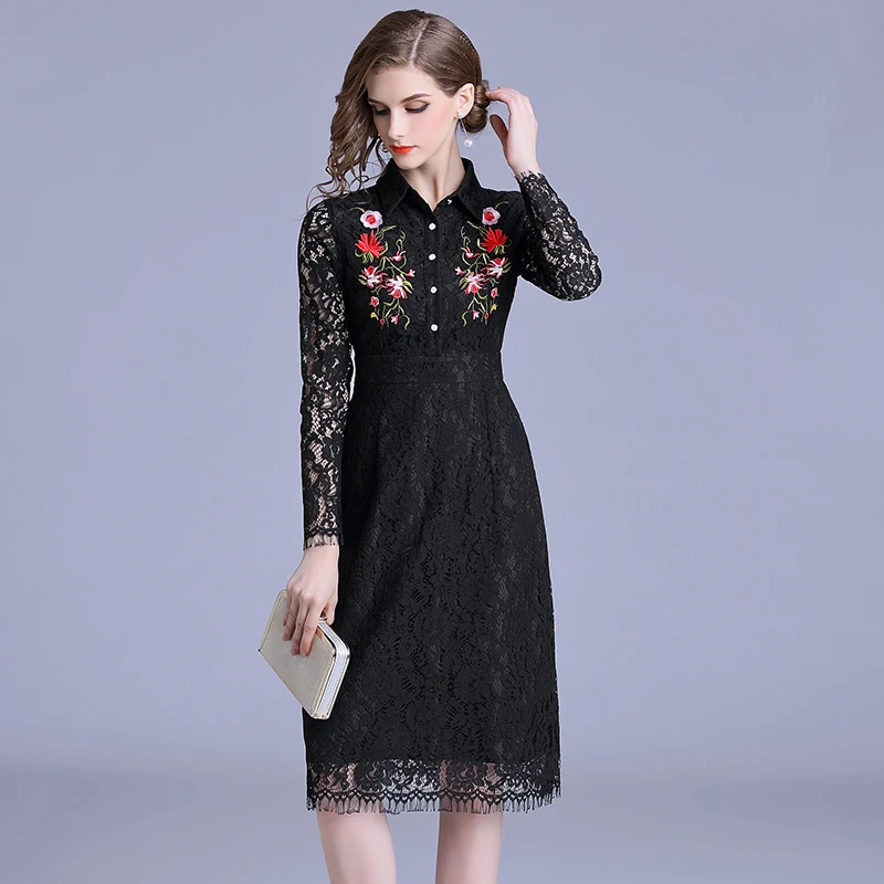 OL/Стиль цветочной вышивкой Черное Кружевное Платье из коллекции Moda Mujer 2021 осеннее