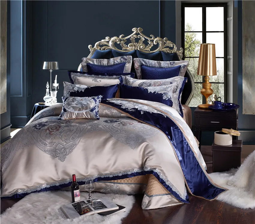 4 6 10pcs Blue Silver Luxury Bedding Set Queen King Size Cotton