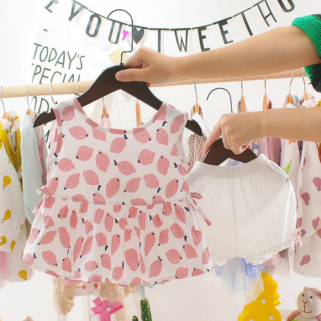 

KLV infant clothing in baby girl 2pcs summer infant baby girl Sleeveless Fruits Lemon Print Bow Tops+Solid Shorts Outfits#y20