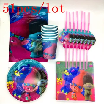 

51Pcs Trolls Theme Design Kids Girls Birthday party Paper Plates Cups Napkins Straws Tablecloth Disposable Tableware Supplies