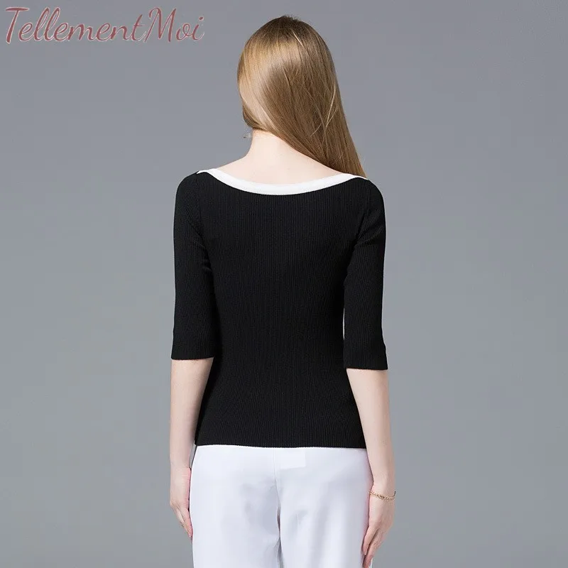 New Fashion Spring Autumn Women's Bottoming Knitted Shirts Seven Sleeves Slim Thin Sweater Female Elegant Basic Pullovers Tops