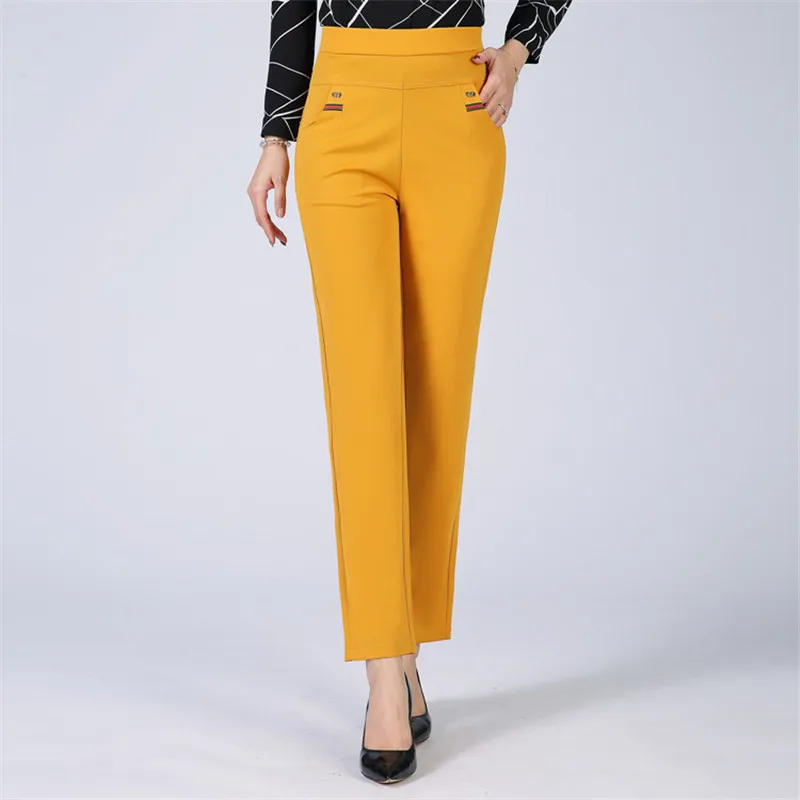 Летние тонкие штанишки карамельного цвета для мамы размера плюс, женские повседневные брюки с высокой талией, узкие Стрейчевые прямые брюки, Женская рабочая одежда - Цвет: yellow