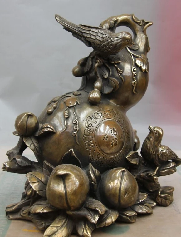 

S0624 13 China Bronze Copper Fengshui Bottle Gourd Magpie Bird Peach Fu Lu Shou Statue
