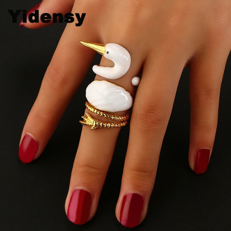 

Yidensy New Design White Swan Animal Ring Sets Opening Unique Gold Color Knuckle Joint Ring for Women 3D Rings Jewelry