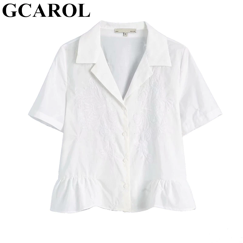 

GCAROL New Summer Embroidery Floral OL Shirt Notched Collar Ruffles Bottom Normcore Blouse Neat White Basic Tops