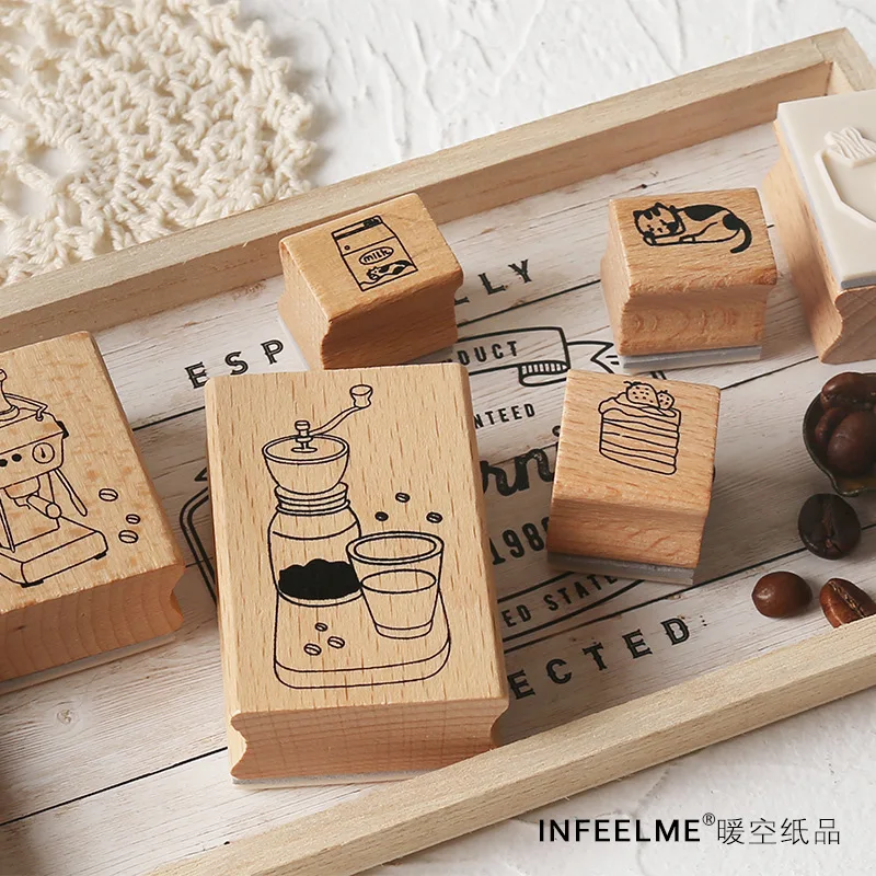 

13pcs/box Vintage Coffee time log rubber seal retro Coffee bean stamps wooden seal clear stamps DIY scrapbooking Photo album
