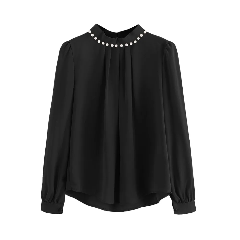 

Ladies Tops Chiffon Blouse Black Blouse Candy colors Women Long Flare Sleeve High Neck Female Tops Blusas 2019