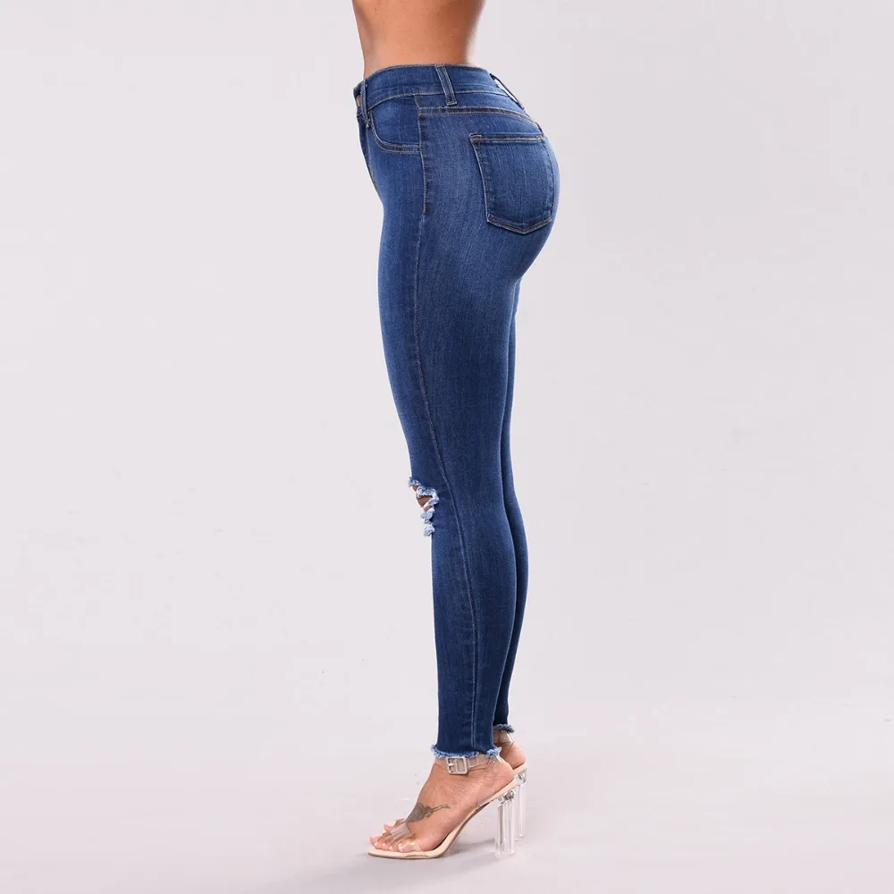 Новые обтягивающие джинсы модные синие Bleach Wash Distressed рок джинсы Для женщин Повседневное Button Fly Ripped штаны с дырками брюки