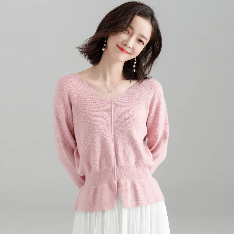 

Winter Clothes Women Sweaters and Pullovers Korean Crop Tops Sexy V-neck Batwing sleeve Knitted Sweater Plus size pull femme