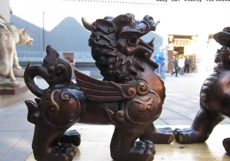 

7 inch China Royal Pure red Bronze exquisite kylin Lion Foo Dog beast Lion Pair
