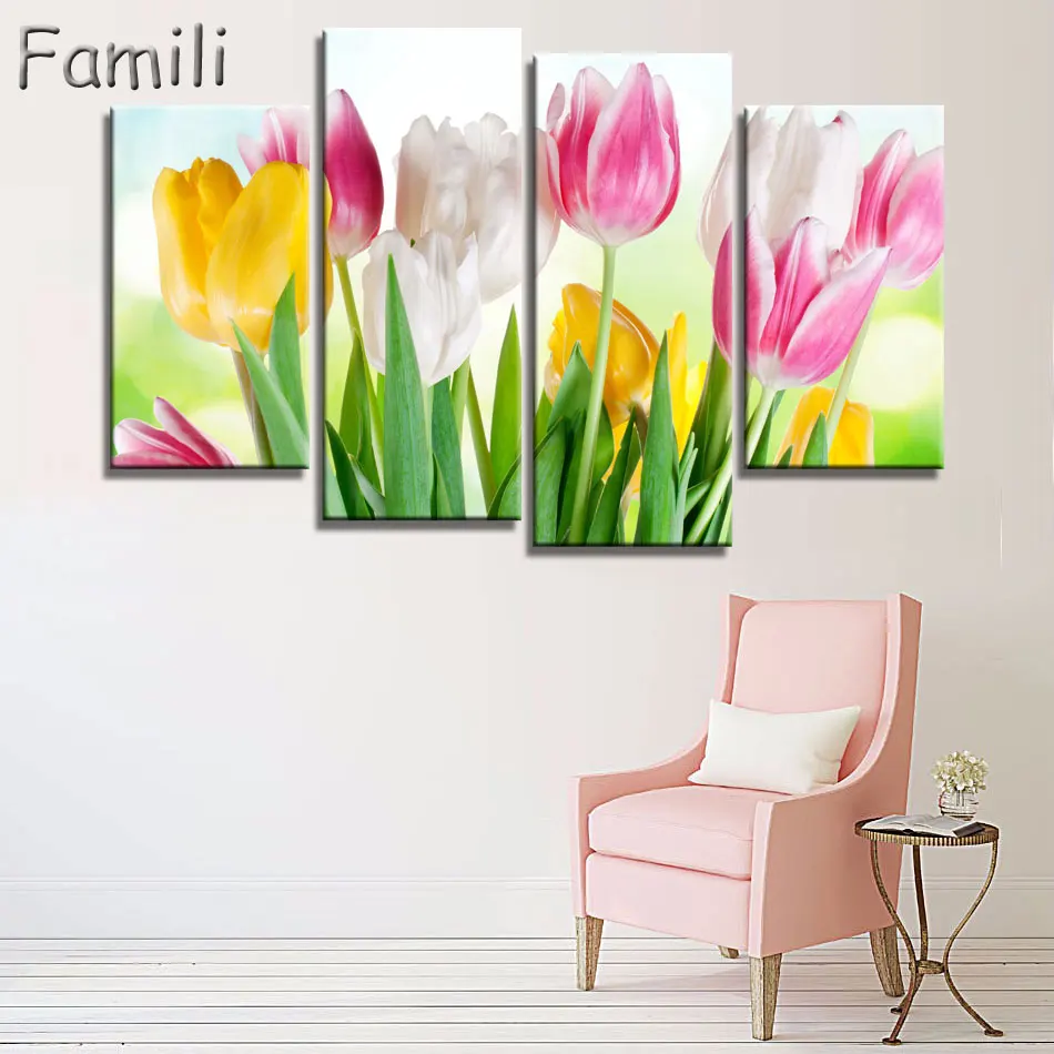 

No Frame pictures 4PCS Modular Wall Picture Art Painting Of Roses Tulips Print On Canvas Paintings Posters Living Room Bedroom