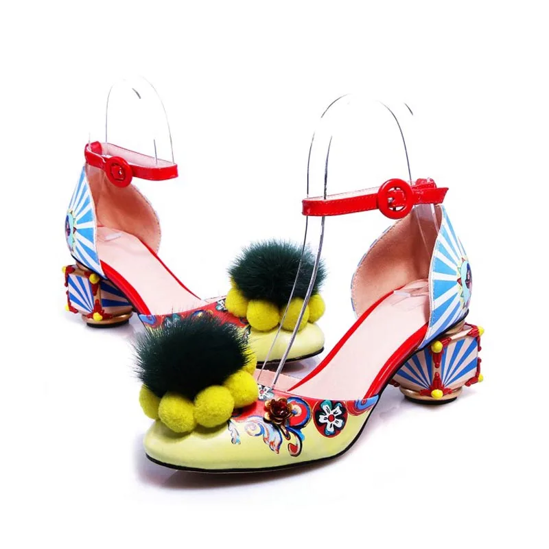 Women Sandals Fashion Print Strange Heel Pumps Fur Ball Metal Decoration 2018 Summer Ladies Dress Party High Heels Shoes Woman (22)