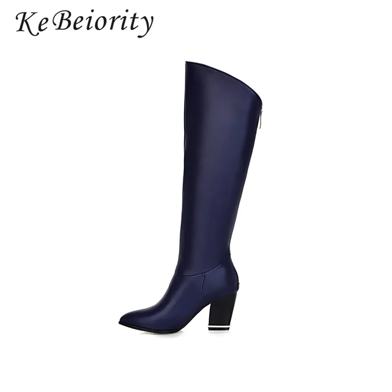 

KEBEIORITY Chunky High Heel Knee Boots Women Autumn Riding Boots for Women Blue Black Thick Heel Pointed Toe Boots Leather 2019