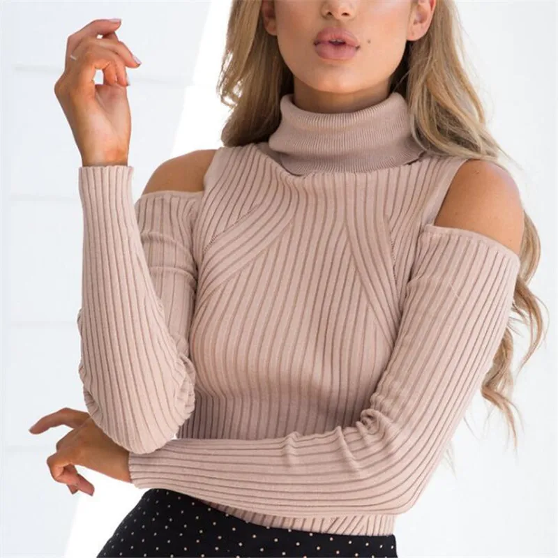 2017 Pink Skinny Hole Off The Shoulder High Neck Knitted Pullover Sweater  Women Full Sleeve Casual Autumn Jumper Female L1579 - AliExpress