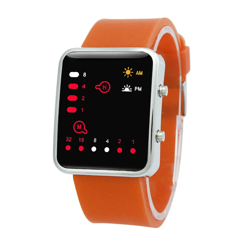Дизайн горячие женские мужские цифровые красные светодиодный спортивные часы Binary наручные часы, силиконовый May31