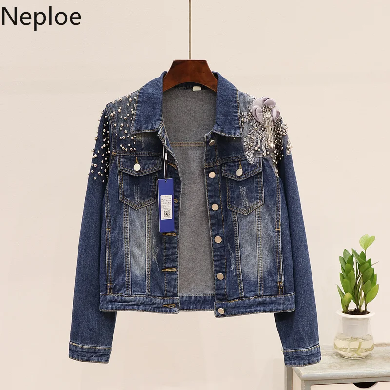 

Neploe Heavy Beads Frayed Jeans Jackets Coat 3D Flower Appliques Women Cowboy 2019 Autumn New Fashion Short Demin Jacket 53910