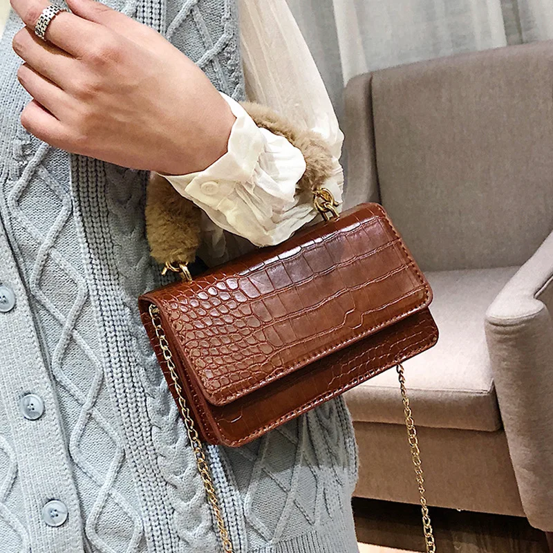 

Chic Design PU Leather Womens Handbags and Purses Crocodile Tote Bag Shoulder Messenger Bags Retro Mini Square Bag B258