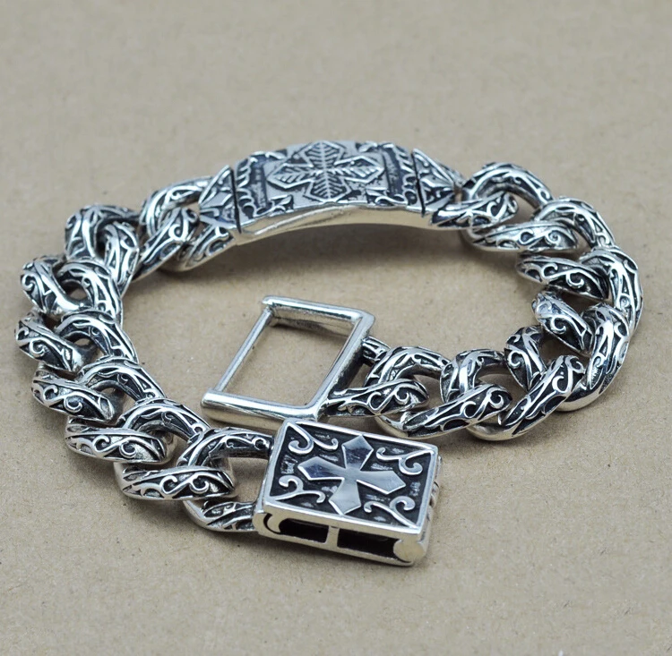  S925 Thai silver cross link bracelets for cool Men jewelry fine vintage style about 21.5cm 925 Sterling Silver Bracelet HYB13 