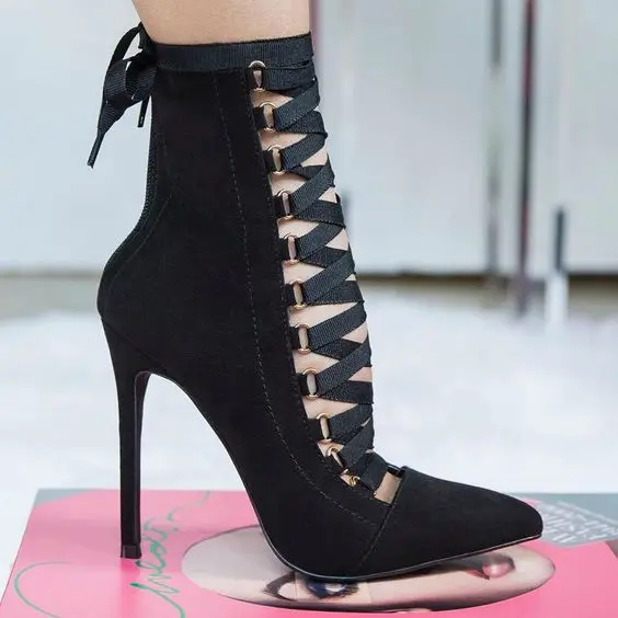 

Real Photo Cross-tie cut-out high thin heel pointed toe ankle high Fashion New Arrival suede boots for woman in Spring/Autumn