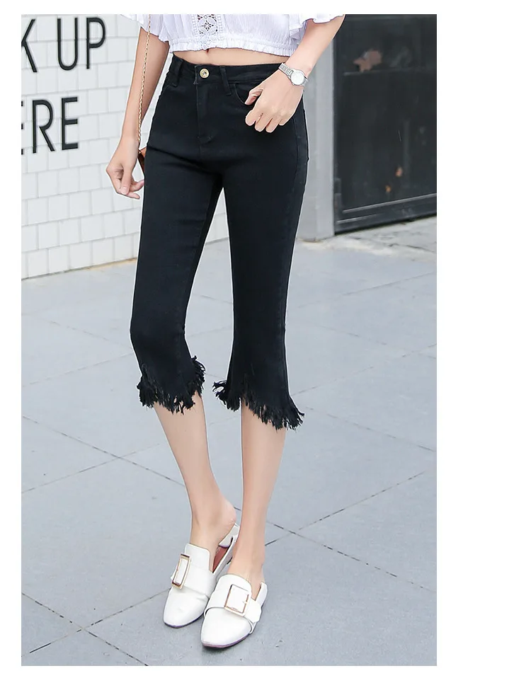 Модные джинсы женские летние новые Стрейчевые sundries джинсы с бахромой расклешенные брюки большие размеры 5XL черные и синие - Цвет: Black 1132