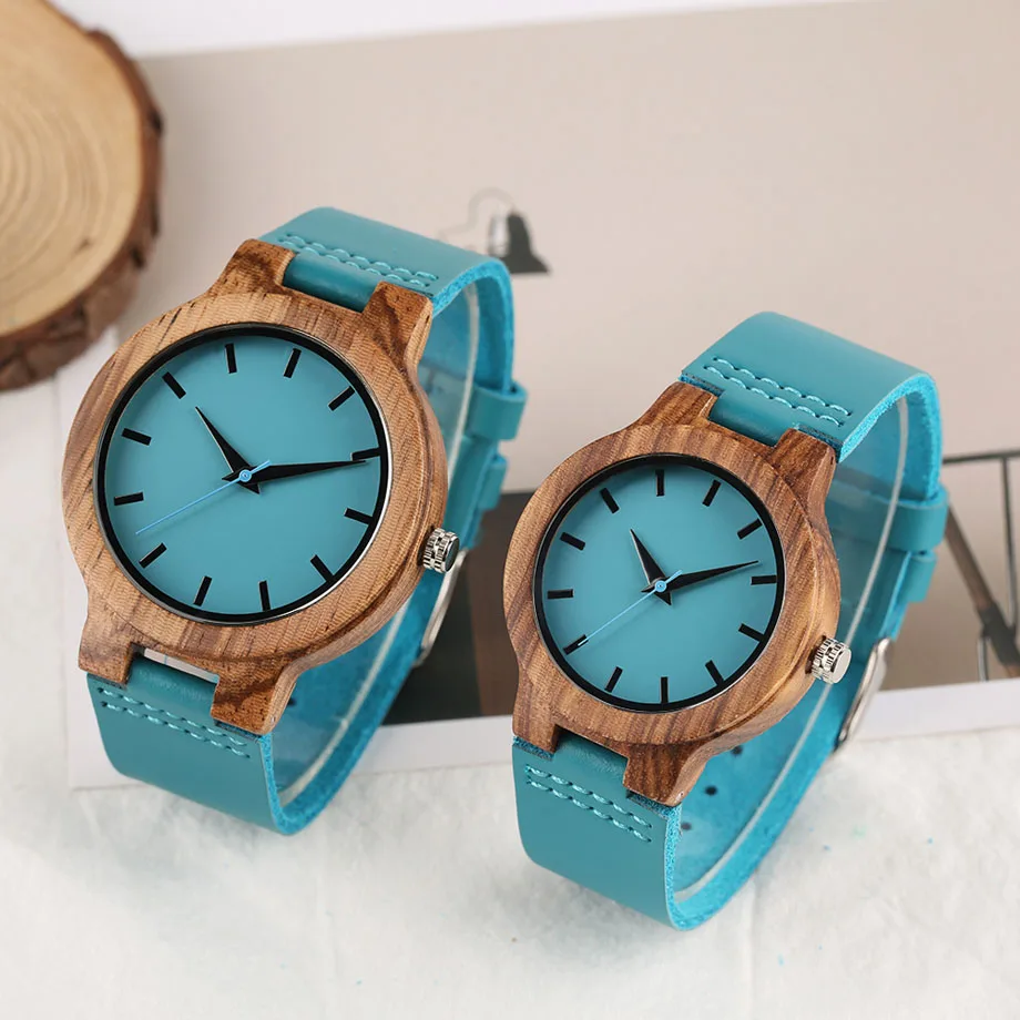 Lover Wood Watch Black Hour Hand Bracelet Minimalist Bamboo Dial Blue Quartz Genuine Leather Wristwatch Couple Anniversary Gift (8)