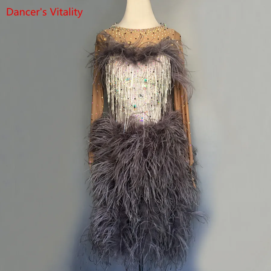 

Luxury Diamond Feather Latin Dance Dress Women/Children/Girls Latin Salsa Rumba Samba Competition Dress Performance Clothing