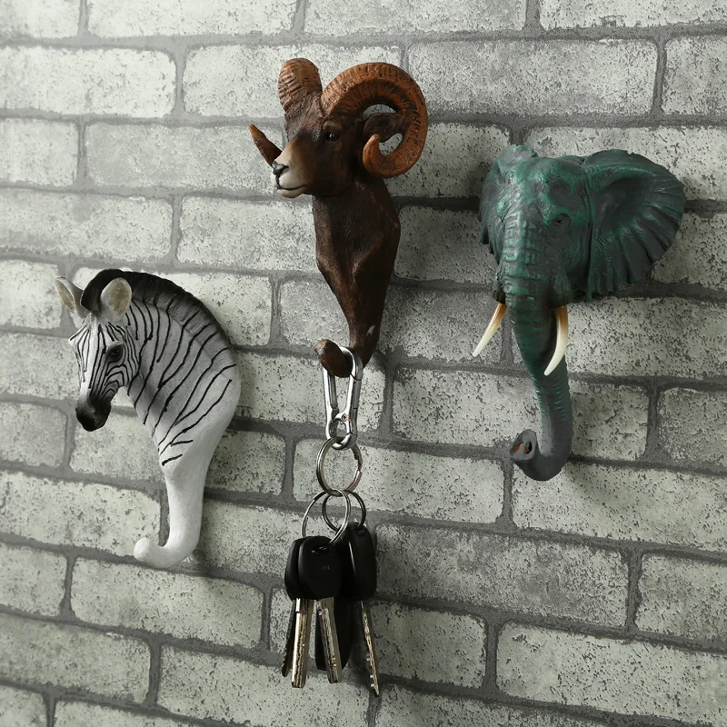 European Style Animal head Resin Coat Hook Retro Key Hat Bag Hanger Decorative Wall hooks Bar