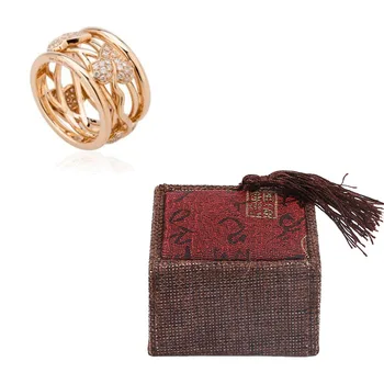 

Luxury Rectangular 6.5*6.5*4cm Tassel Linen Ring Box Retro Chinese Calligraphy Ring Organizer Display Case