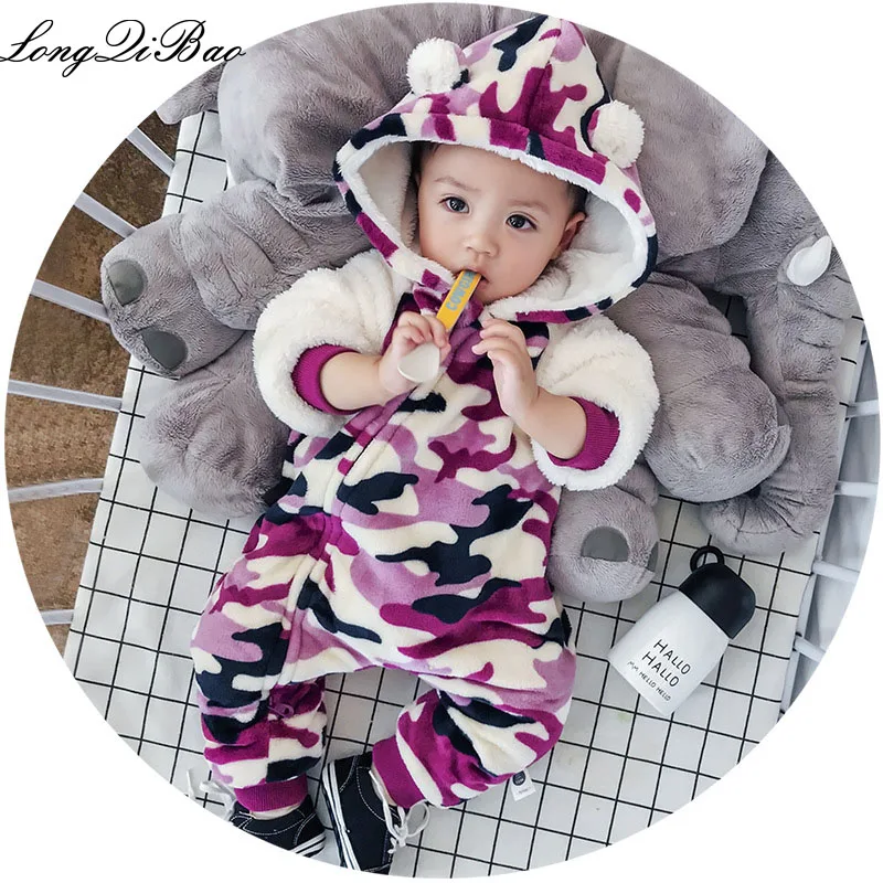 

High quality baby winter cotton camouflage stitching plus velvet baby onesies children crawling casual outwear ins