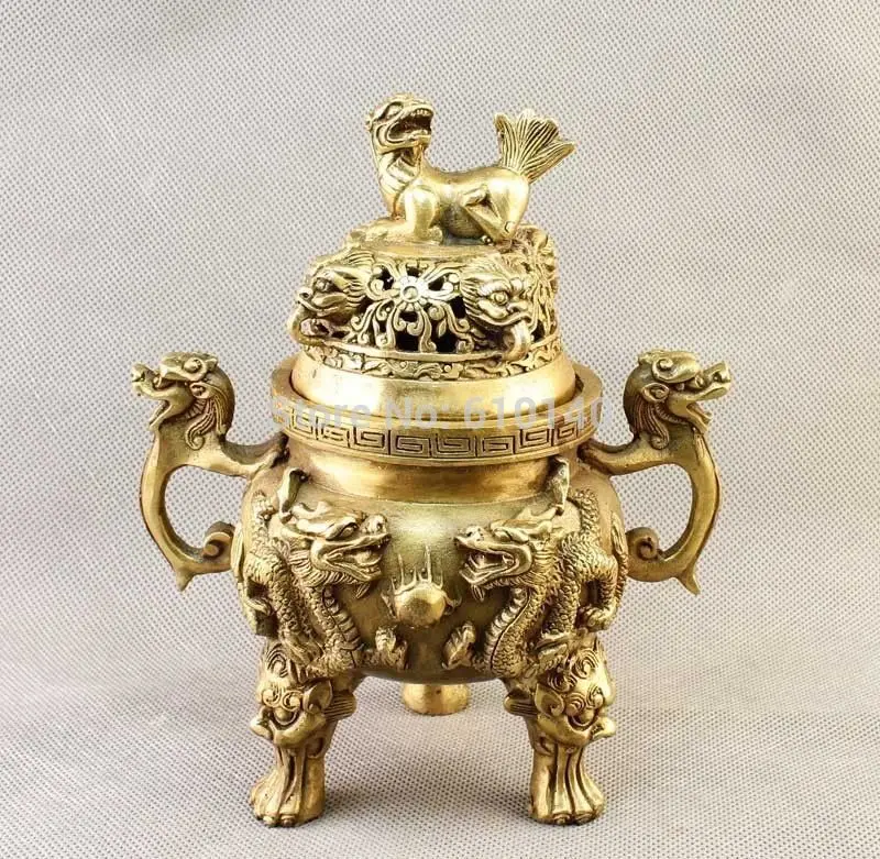 

China Brass carved Dragon Dog Incense Burner Censer Statue