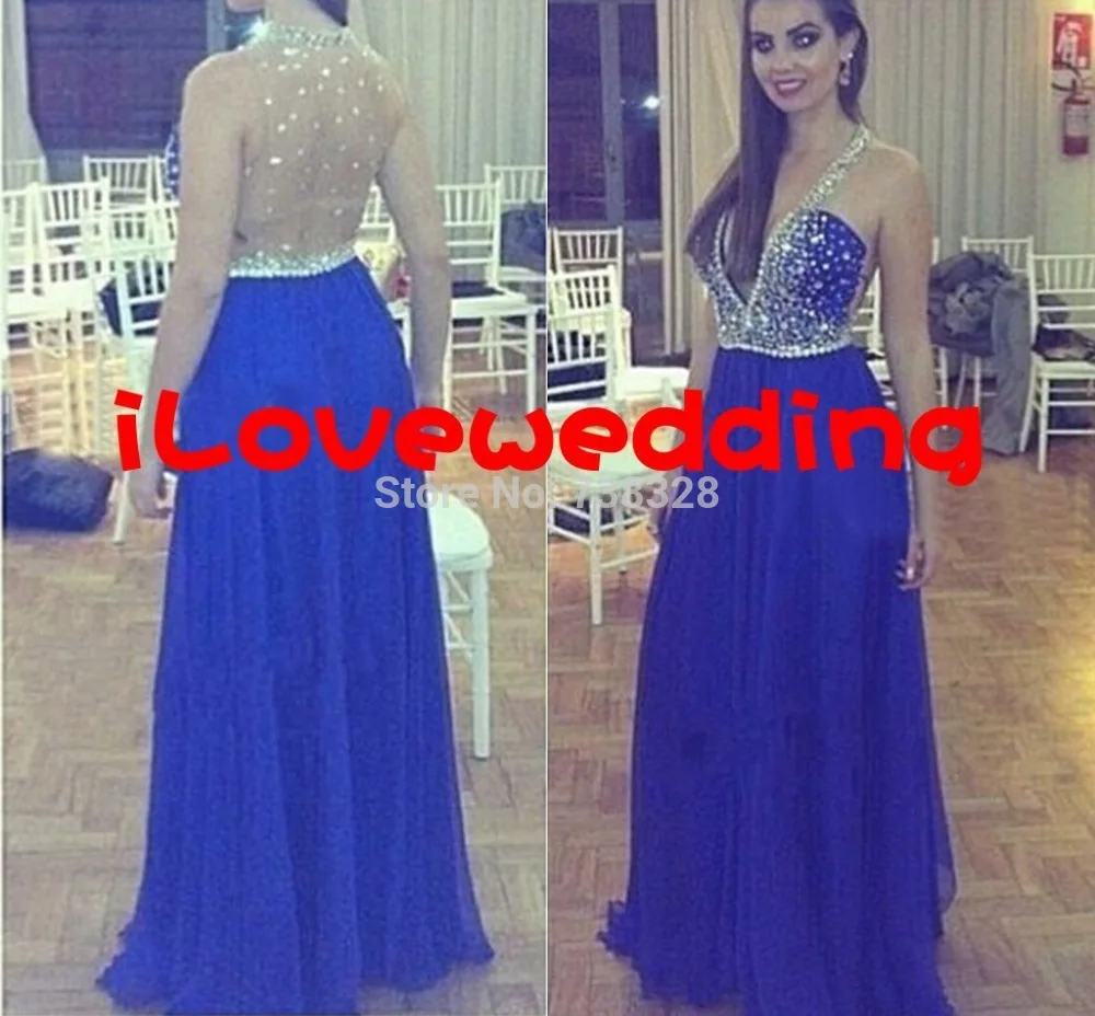Por encargo del baile Vestidos largos 2015 pura volver gasa Vestidos De Fiesta V profundo cuello del azul real Vestido De noche Vestido en Vestidos de novia ...