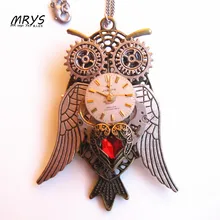 steampunk gothic punk red heart wings owl watch gears pendant chain brooch pin men women boys girls vintage jewelry party gift