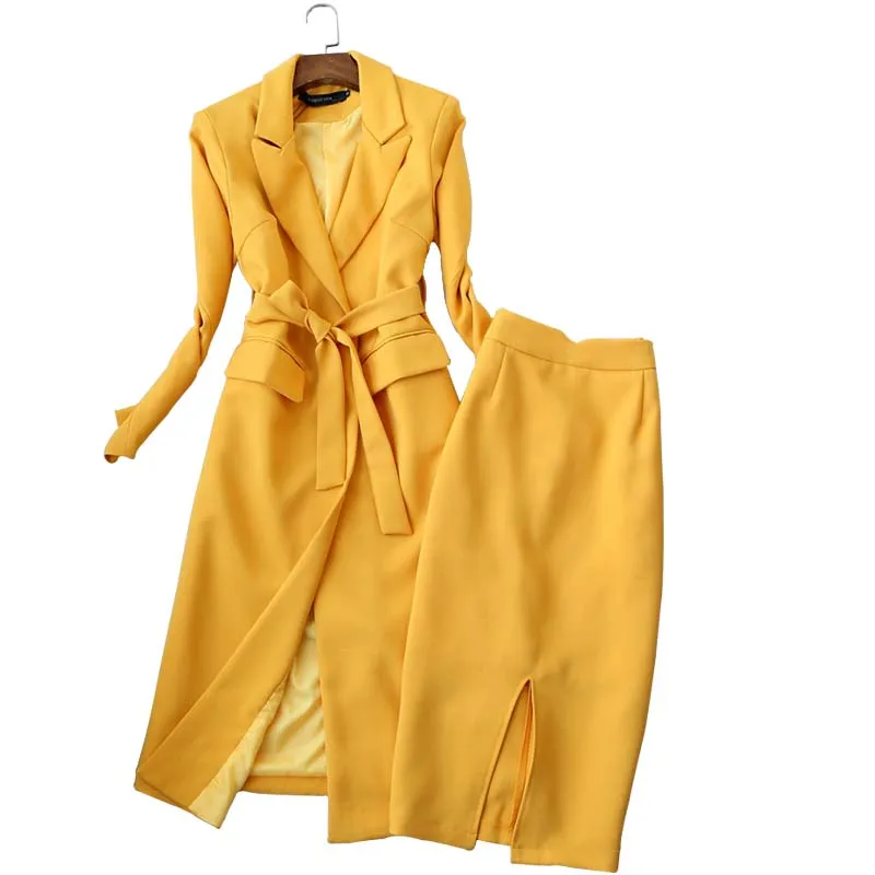 Высококачественный модный костюм, осенний тонкий длинный костюм с длинными рукавами, воротник, шнуровка, ветровка, высокая талия, юбка, Женский комплект из двух предметов - Цвет: Цвет: желтый