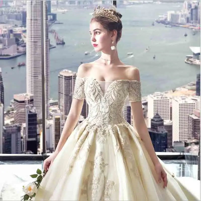 Custom Deluxe Champagne Evening Formal Dress Red Carpet Bridal Wedding Party Trailing Dress Ball Gown For Lady Plus Size 5XL - Цвет: Ball Gown