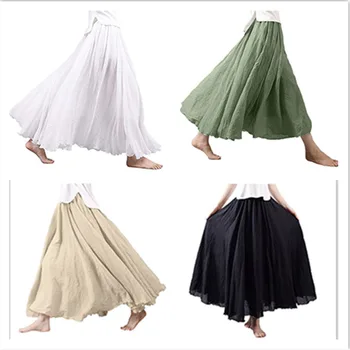 

Fashion Women Linen Made Solid Long Rock Plissee Women Elastic Waist Skirts 2019 Summer Skirts